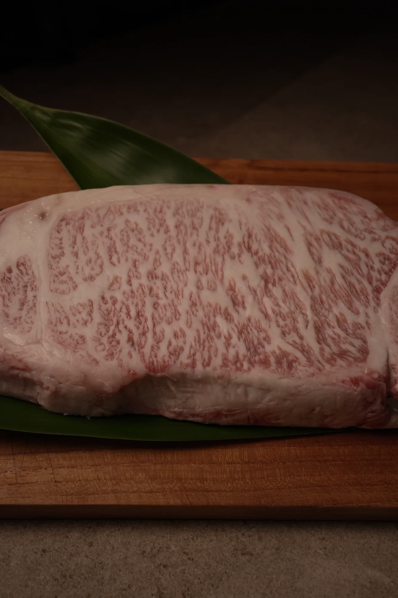 Close-up of intensely marbled A5 wagyu beef at Shun Omakase Counter, Canggu